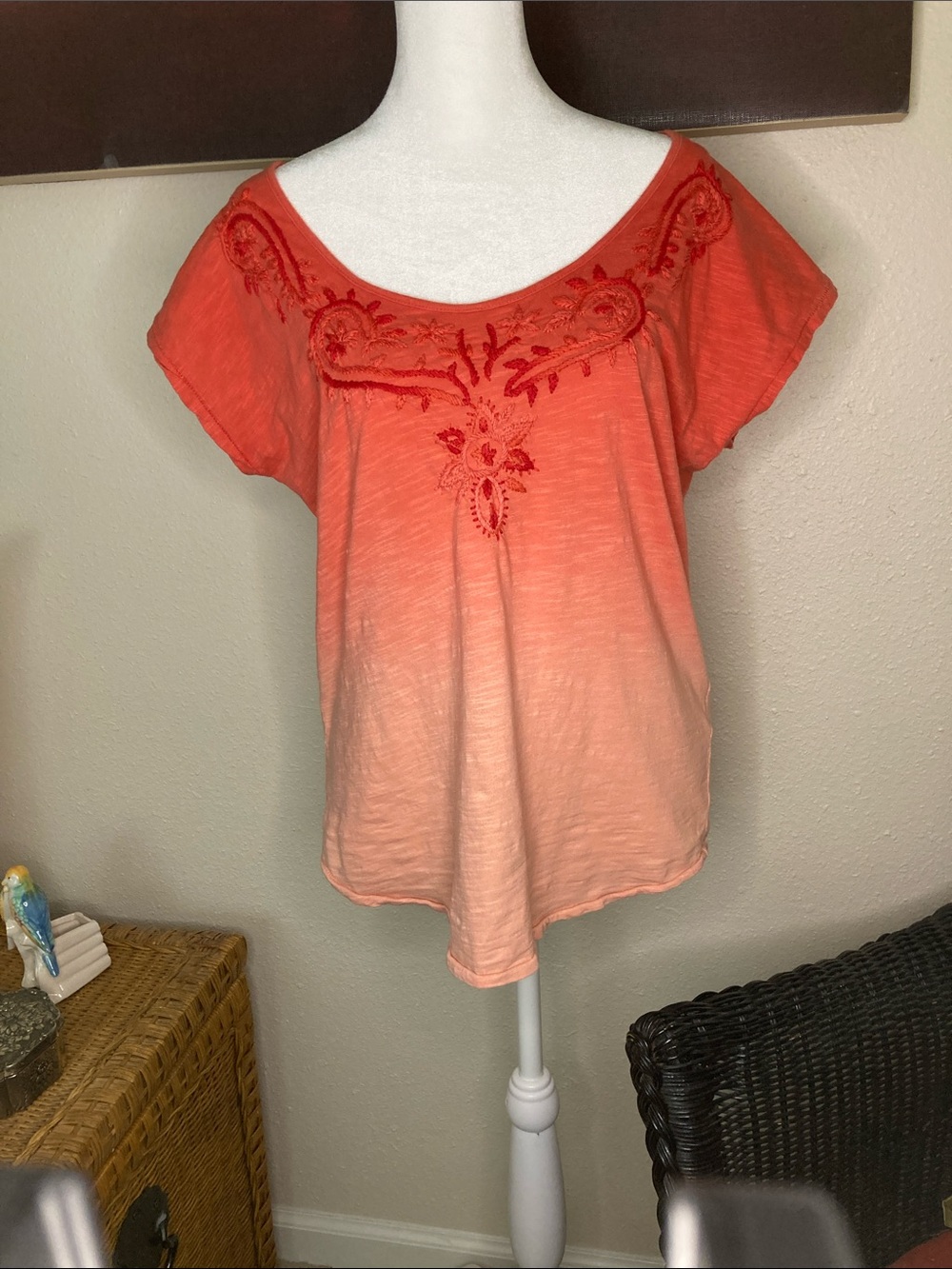 Lucky Brand Red to Peach Ombre Embroidered Scoop Neck Tee